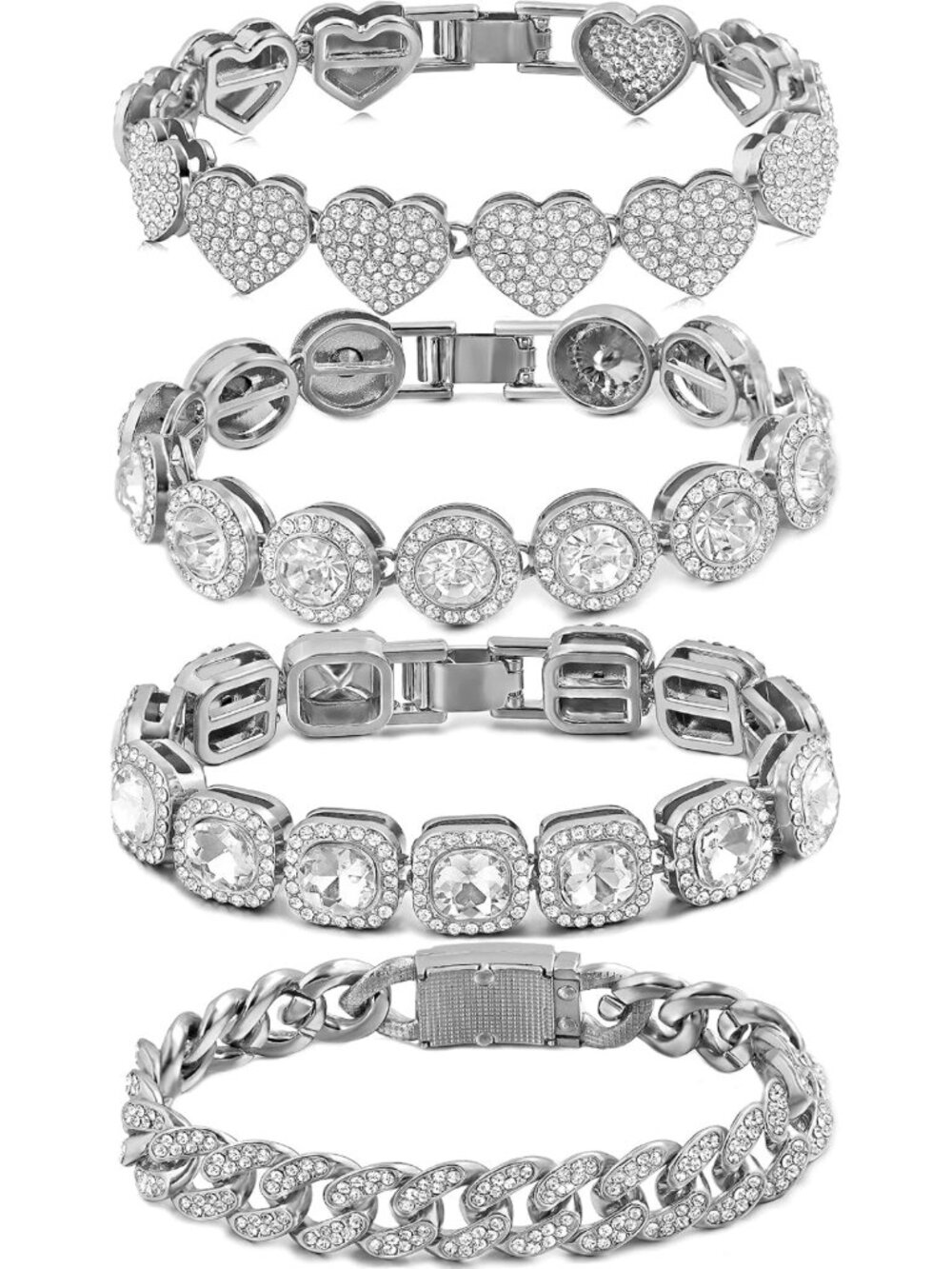 4PCS Gold & Silver Layered Bracelet Set for Women - Tennis, Heart, Diamond